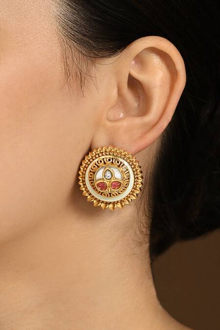 Joules By Radhika_Gold Plated Pom-poms, Stones Masterpiece Carved Stud Earrings_Online_at_Aza_Fashions
