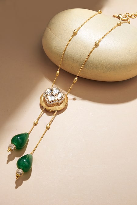 Shop Joules By Radhika Green Harmonious Polki Jade Drop Lariat Necklace at Aza Fashions Shop_Joules By Radhika_Green Harmonious Polki Jade Drop Lariat Necklace _at_Aza_Fashions