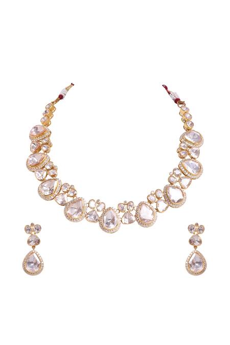 Buy_Sica Jewellery_Yellow Crystals, Diamonds Tear Drop Moissanite Polki Jewellery Set _Online_at_Aza_Fashions