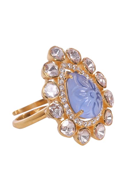 Sica Jewellery_Blue Cut Work, Diamonds Petal Bloom Encrusted Ring _Online_at_Aza_Fashions