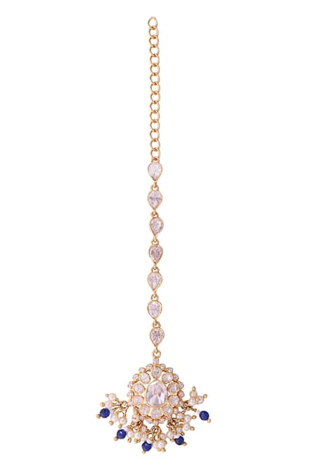 Shop_Sica Jewellery_Blue Crescent Bloom Polki Embellished Maangtikka _at_Aza_Fashions