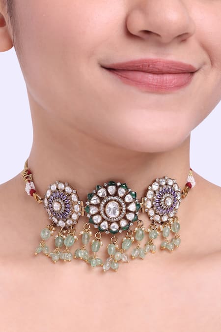 Sica Jewellery Moissanite Polki Embellished Floral Choker Necklace 
