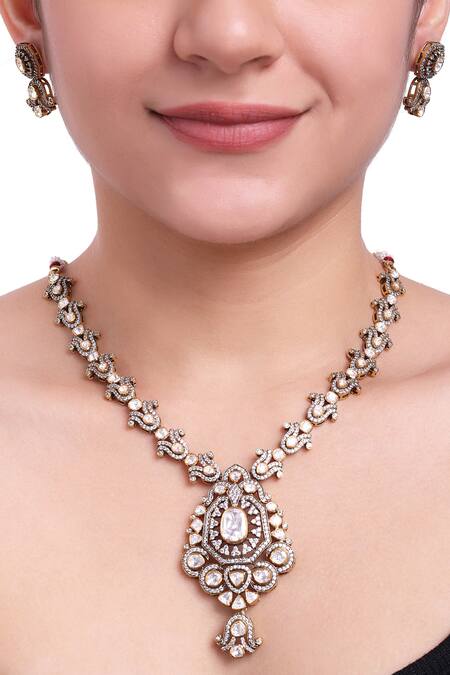 Sica Jewellery_Yellow Crystals, Diamonds Bullian Leaf Cubic Zirconia Long Necklace _Online_at_Aza_Fashions