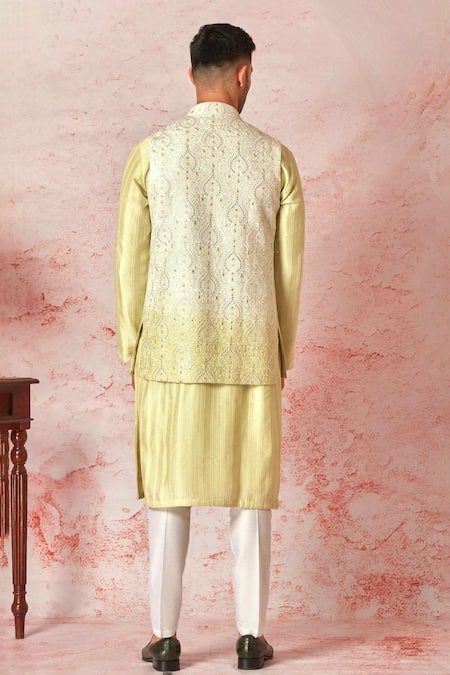 Shop Asuka Green Cotton, Silk Embroidery Ombre Resham Bundi Set at Aza Fashions Shop_Asuka_Green Cotton, Silk Embroidery Ombre Resham Bundi Set _at_Aza_Fashions