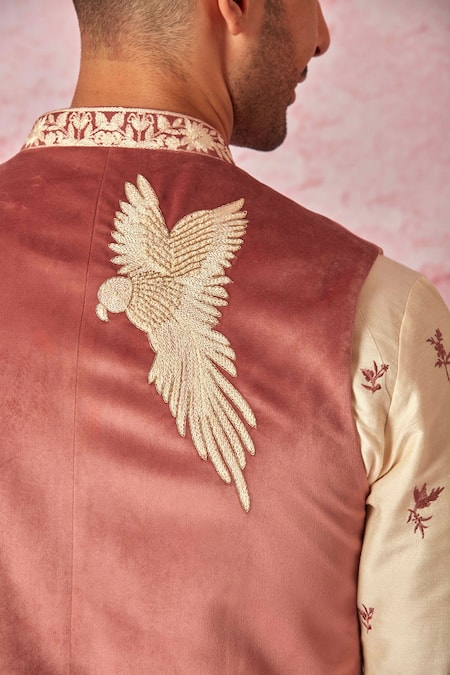 Shop_Asuka_Pink Velvet, Chanderi Silk Embroidery, Diamonds Bird Dori Bundi Set _Online_at_Aza_Fashions