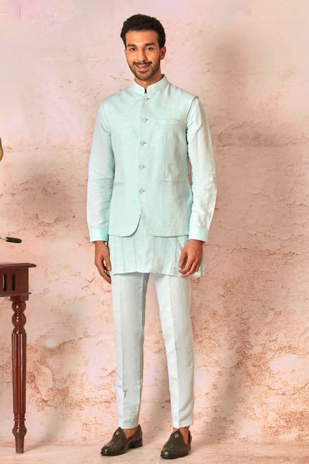 Shop_Asuka_Blue Linen Embroidery Kantha Stitch Bundi Set _Online_at_Aza_Fashions