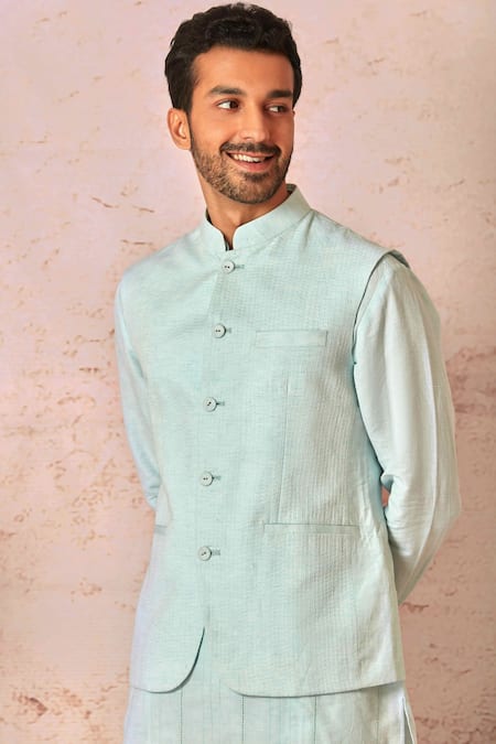 Asuka_Blue Linen Embroidery Kantha Stitch Bundi Set _at_Aza_Fashions