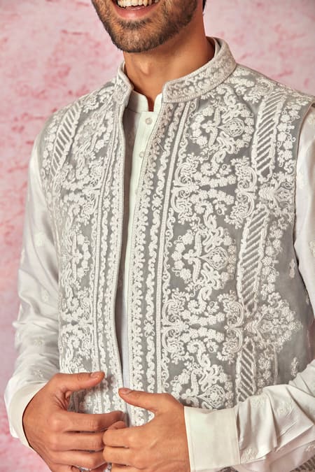 Asuka_Gray Velvet, Cotton, Silk Embroidery, Diamonds Floral Dori Bundi Set _at_Aza_Fashions