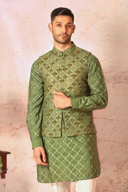 Asuka_Green Cotton, Silk Embroidery, Beads Floral Ogee Bundi Set _Online_at_Aza_Fashions