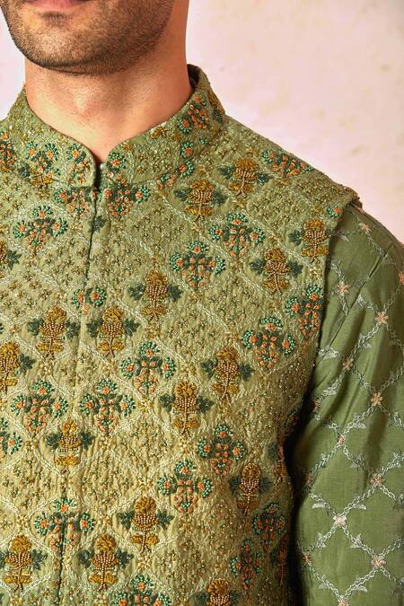 Buy_Asuka_Green Cotton, Silk Embroidery, Beads Floral Ogee Bundi Set _Online_at_Aza_Fashions
