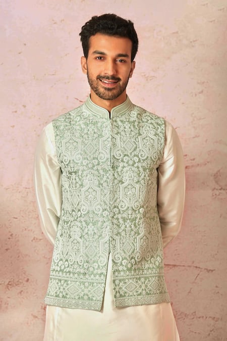 Buy_Asuka_Green Silk, Cotton Embroidery Mint Dori Bundi Set _Online_at_Aza_Fashions