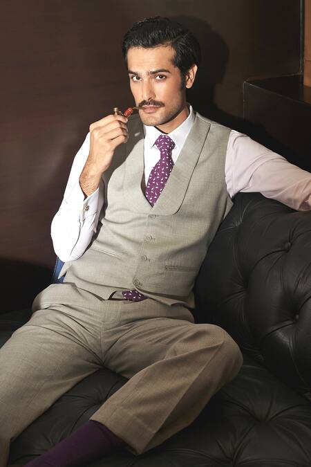 Asuka_Gray Wool Grey Waistcoat And Trousers _Online_at_Aza_Fashions