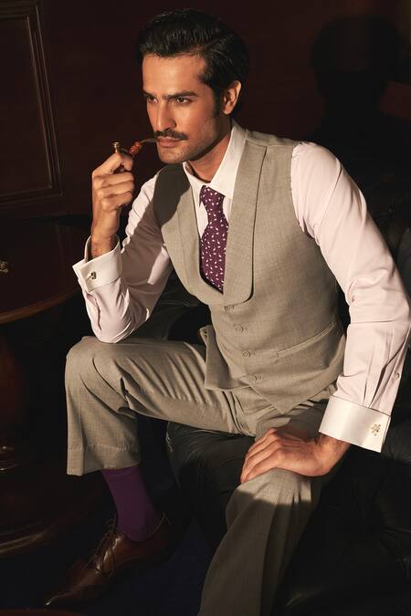 Shop_Asuka_Gray Wool Grey Waistcoat And Trousers _Online_at_Aza_Fashions