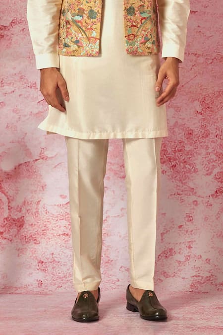 Asuka_Yellow Chanderi Silk, Cotton Satin, Cotton, Floral Kantha Stitch Bundi Kurta Set _Online_at_Aza_Fashions