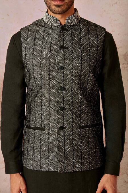 Shop_Asuka_Black Linen Embroidery Herringbone Bundi Kurta Set _Online_at_Aza_Fashions