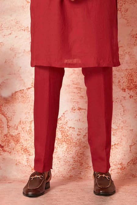 Asuka_Red Linen Beads Embroidered Bundi Set _Online_at_Aza_Fashions