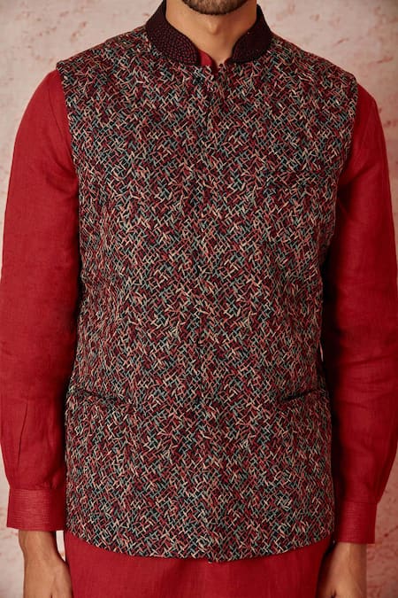 Shop_Asuka_Red Linen Beads Embroidered Bundi Set _Online_at_Aza_Fashions