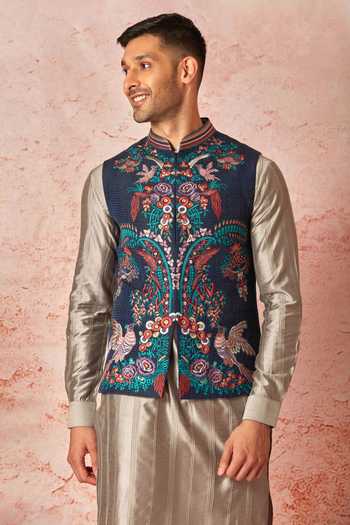 Buy_Asuka_Blue Silk Embroidery Floral Bundi Set _Online_at_Aza_Fashions