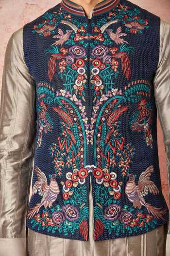 Shop_Asuka_Blue Silk Embroidery Floral Bundi Set _Online_at_Aza_Fashions
