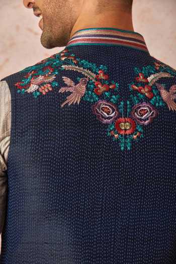 Asuka_Blue Silk Embroidery Floral Bundi Set _at_Aza_Fashions