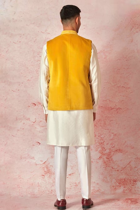 Shop Asuka Yellow Velvet, Cotton, Silk Sequins, Embroidery Floral Bundi Kurta Set at Aza Fashions Shop_Asuka_Yellow Velvet, Cotton, Silk Sequins, Embroidery Floral Bundi Kurta Set _at_Aza_Fashions