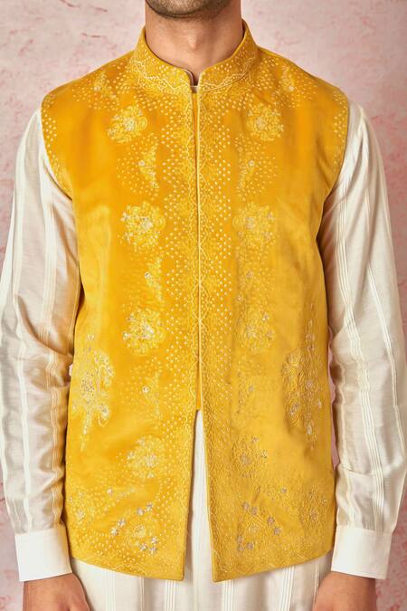 Buy Asuka Yellow Velvet, Cotton, Silk Sequins, Embroidery Floral Bundi Kurta Set Online at Aza Fashions Buy_Asuka_Yellow Velvet, Cotton, Silk Sequins, Embroidery Floral Bundi Kurta Set _Online_at_Aza_Fashions