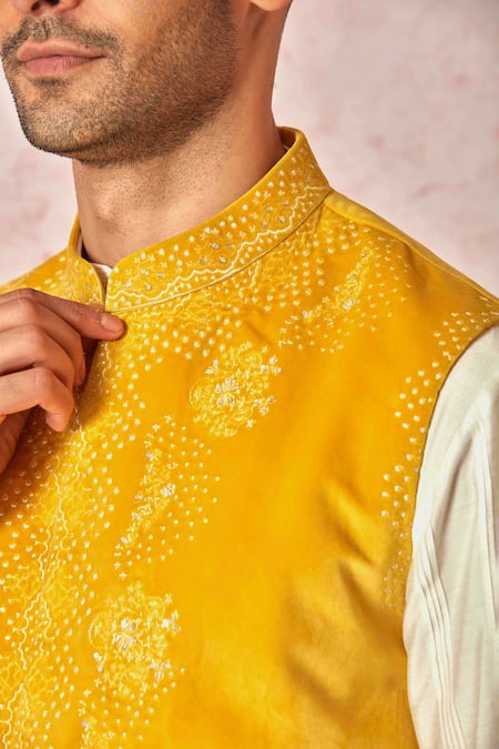 Asuka Yellow Velvet, Cotton, Silk Sequins, Embroidery Floral Bundi Kurta Set at Aza Fashions Asuka_Yellow Velvet, Cotton, Silk Sequins, Embroidery Floral Bundi Kurta Set _at_Aza_Fashions