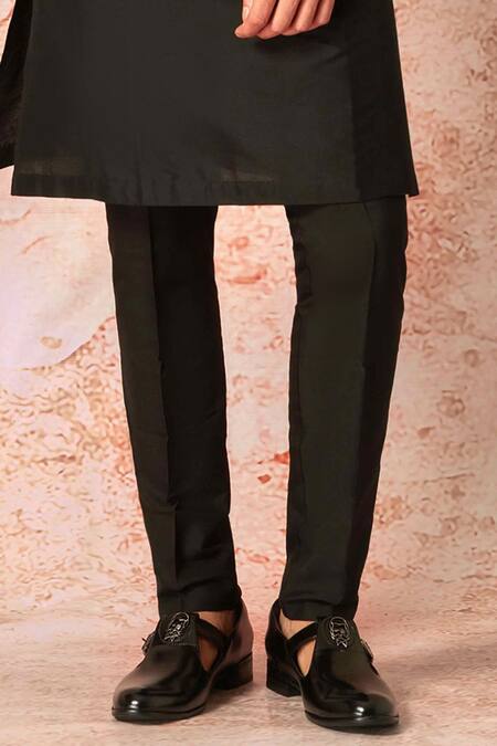 Asuka_Black Cotton, Silk Embroidery Leather Embellished Bundi Set _Online_at_Aza_Fashions