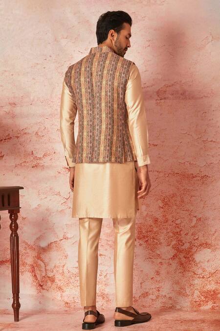 Shop_Asuka_Beige Linen, Cotton, Silk Embroidery Floral Mandala Print Bundi Kurta Set _at_Aza_Fashions