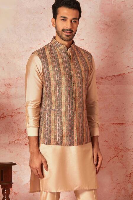 Buy_Asuka_Beige Linen, Cotton, Silk Embroidery Floral Mandala Print Bundi Kurta Set _Online_at_Aza_Fashions