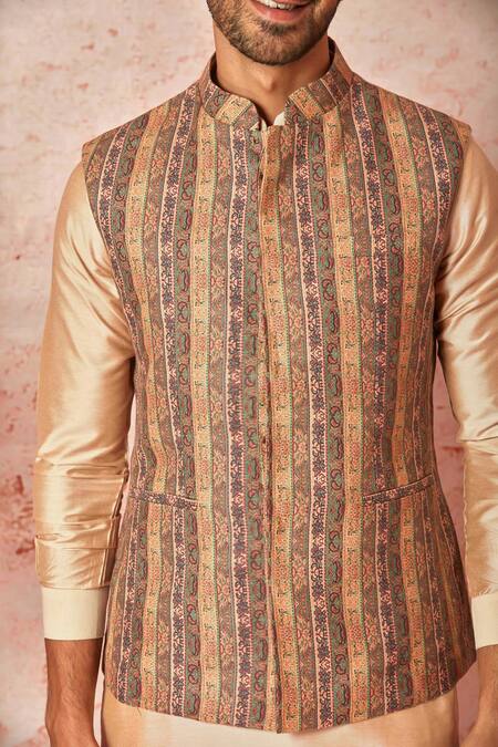 Shop_Asuka_Beige Linen, Cotton, Silk Embroidery Floral Mandala Print Bundi Kurta Set _Online_at_Aza_Fashions