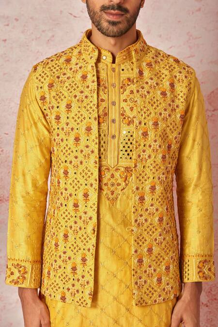 Buy Asuka Yellow Chanderi Silk Beads, Mirrors, Embroidery, Sequins Floral Bundi Kurta Set Online at Aza Fashions Buy_Asuka_Yellow Chanderi Silk Beads, Mirrors, Embroidery, Sequins Floral Bundi Kurta Set _Online_at_Aza_Fashions