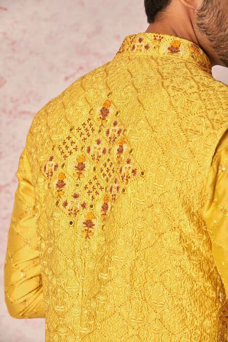 Shop Asuka Yellow Chanderi Silk Beads, Mirrors, Embroidery, Sequins Floral Bundi Kurta Set Online at Aza Fashions Shop_Asuka_Yellow Chanderi Silk Beads, Mirrors, Embroidery, Sequins Floral Bundi Kurta Set _Online_at_Aza_Fashions