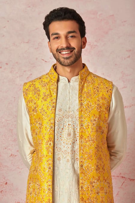 Buy_Asuka_Yellow Cotton, Silk Embroidery, Cut Work, Beads Floral Bundi Kurta Set _Online_at_Aza_Fashions