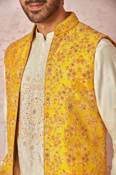 Shop_Asuka_Yellow Cotton, Silk Embroidery, Cut Work, Beads Floral Bundi Kurta Set _Online_at_Aza_Fashions