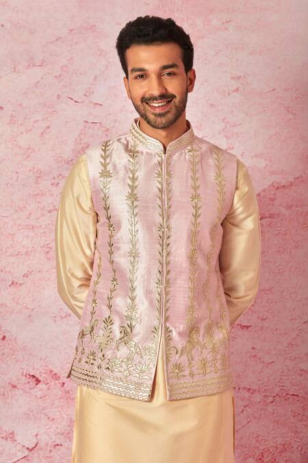 Buy_Asuka_Pink Silk, Cotton Embroidery Raw Leather Work Bundi Set _Online_at_Aza_Fashions