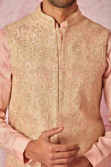 Buy_Asuka_Cream Chanderi Silk, Brocade Embroidery, Zari Floral Dori Bundi Set _Online_at_Aza_Fashions