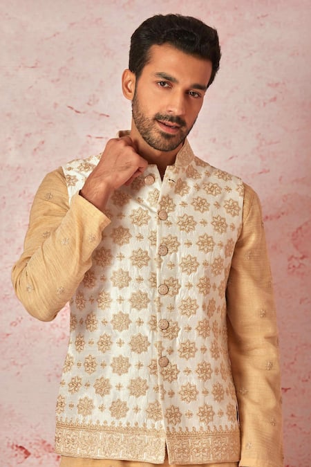 Buy_Asuka_Cream Silk, Tussar Zari, Embroidery Floral Bundi Kurta Set _Online_at_Aza_Fashions