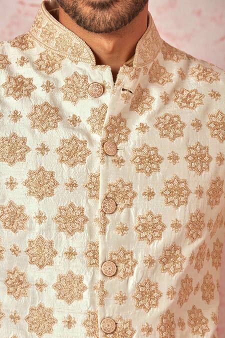 Shop_Asuka_Cream Silk, Tussar Zari, Embroidery Floral Bundi Kurta Set _Online_at_Aza_Fashions