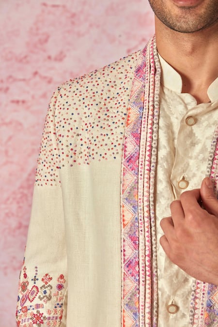 Buy_Asuka_Cream Jacquard, Silk, Linen Embroidery, Fleur French Knots Bandhgala Set _Online_at_Aza_Fashions