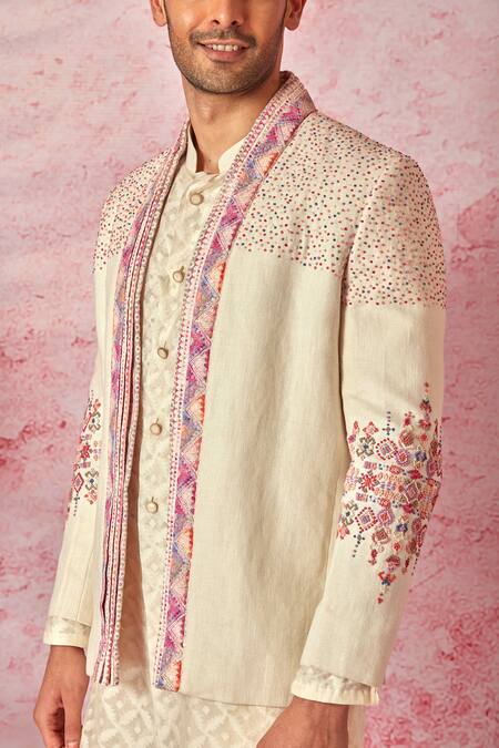 Shop_Asuka_Cream Jacquard, Silk, Linen Embroidery, Fleur French Knots Bandhgala Set _Online_at_Aza_Fashions