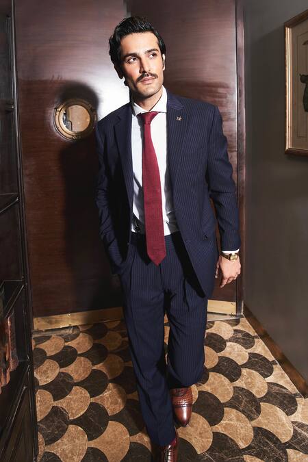 Asuka Blue Wool Pinstriped Pattern Blazer With Trouser Online at Aza Fashions Asuka_Blue Wool Pinstriped Pattern Blazer With Trouser _Online_at_Aza_Fashions