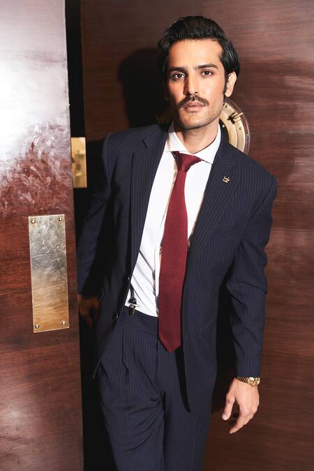 Buy Asuka Blue Wool Pinstriped Pattern Blazer With Trouser Online at Aza Fashions Buy_Asuka_Blue Wool Pinstriped Pattern Blazer With Trouser _Online_at_Aza_Fashions