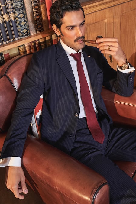 Shop Asuka Blue Wool Pinstriped Pattern Blazer With Trouser Online at Aza Fashions Shop_Asuka_Blue Wool Pinstriped Pattern Blazer With Trouser _Online_at_Aza_Fashions