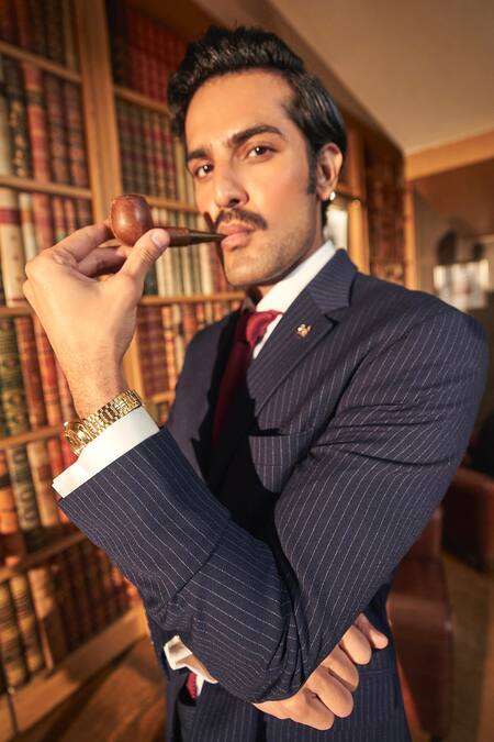 Asuka Blue Wool Pinstriped Pattern Blazer With Trouser at Aza Fashions Asuka_Blue Wool Pinstriped Pattern Blazer With Trouser _at_Aza_Fashions