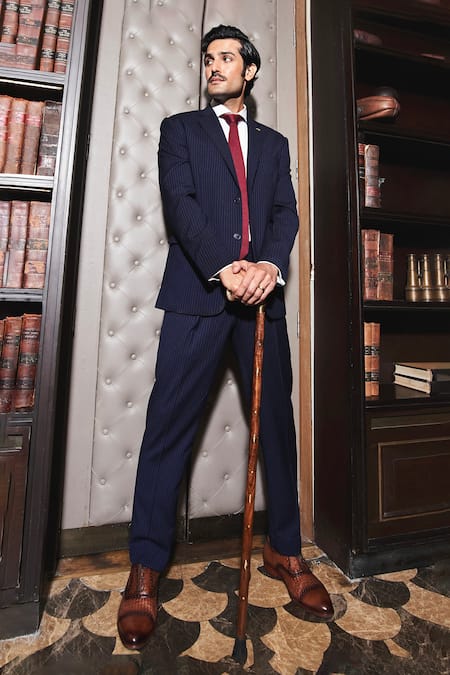 Shop Asuka Blue Wool Pinstriped Pattern Blazer With Trouser at Aza Fashions Shop_Asuka_Blue Wool Pinstriped Pattern Blazer With Trouser _at_Aza_Fashions