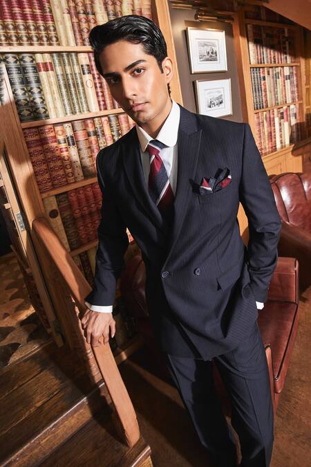 Asuka Blue Wool Pinstriped Single Breasted Blazer With Trouser Online at Aza Fashions Asuka_Blue Wool Pinstriped Single Breasted Blazer With Trouser _Online_at_Aza_Fashions