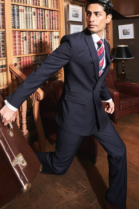 Buy Asuka Blue Wool Pinstriped Single Breasted Blazer With Trouser Online at Aza Fashions Buy_Asuka_Blue Wool Pinstriped Single Breasted Blazer With Trouser _Online_at_Aza_Fashions