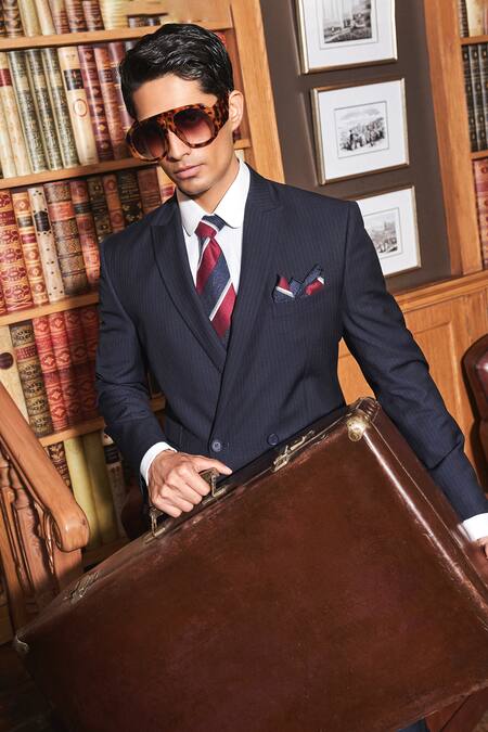 Asuka Blue Wool Pinstriped Single Breasted Blazer With Trouser at Aza Fashions Asuka_Blue Wool Pinstriped Single Breasted Blazer With Trouser _at_Aza_Fashions