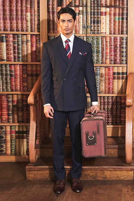 Shop Asuka Blue Wool Pinstriped Single Breasted Blazer With Trouser at Aza Fashions Shop_Asuka_Blue Wool Pinstriped Single Breasted Blazer With Trouser _at_Aza_Fashions